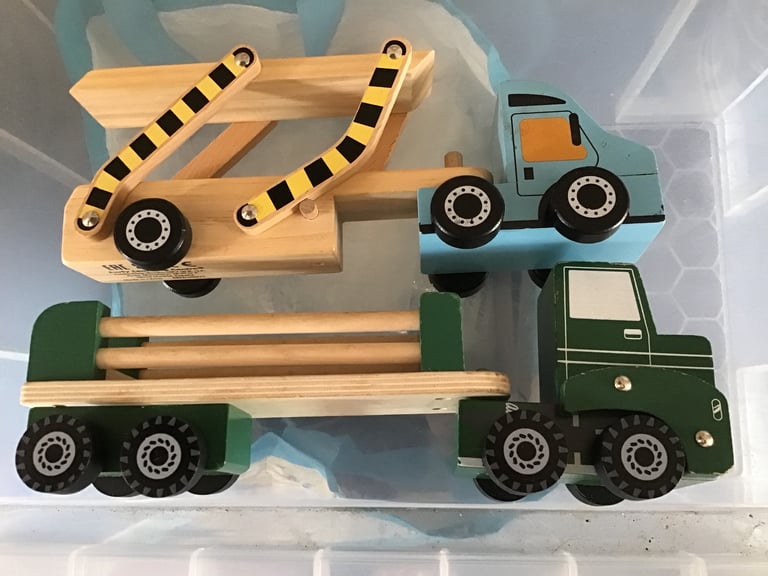 1x Little town lorry + trailer 1x early learning centre car  transporter lorry  Both wooden painted