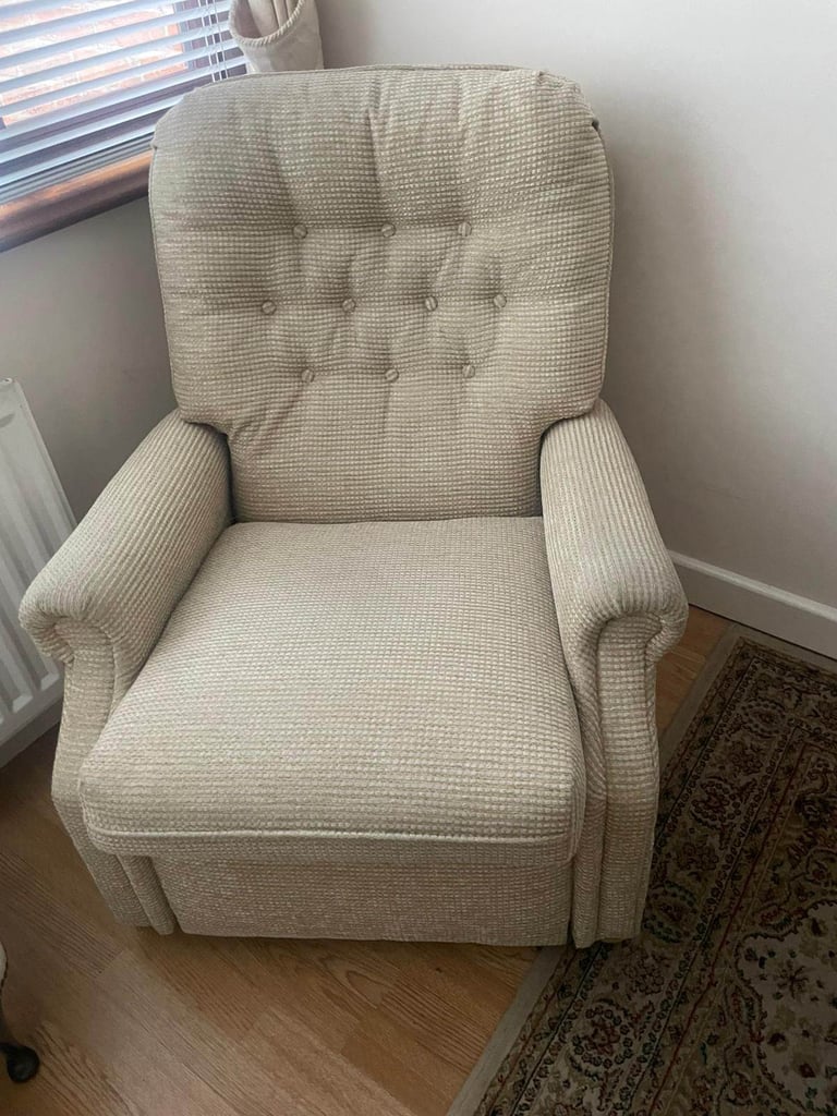 image for 2 really nice high back easy armchairs in a biscuit fabric   Only £70 a piece