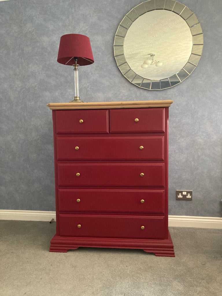 Refinished Pine/Burgundy Chest Of Drawers 