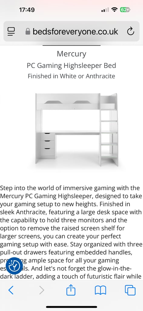 **NEW IN BOX** Mercury High Sleeper Gaming Bed With Under Desk CURRENTLY SELLING IN SHOPS FOR £609