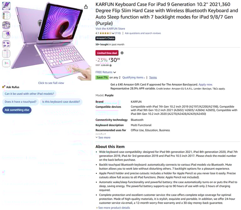 image for Keyboard Case For iPad 9 Generation 10.2'' 2021,360 Degree Flip Slim|| Brand new 50% off price 