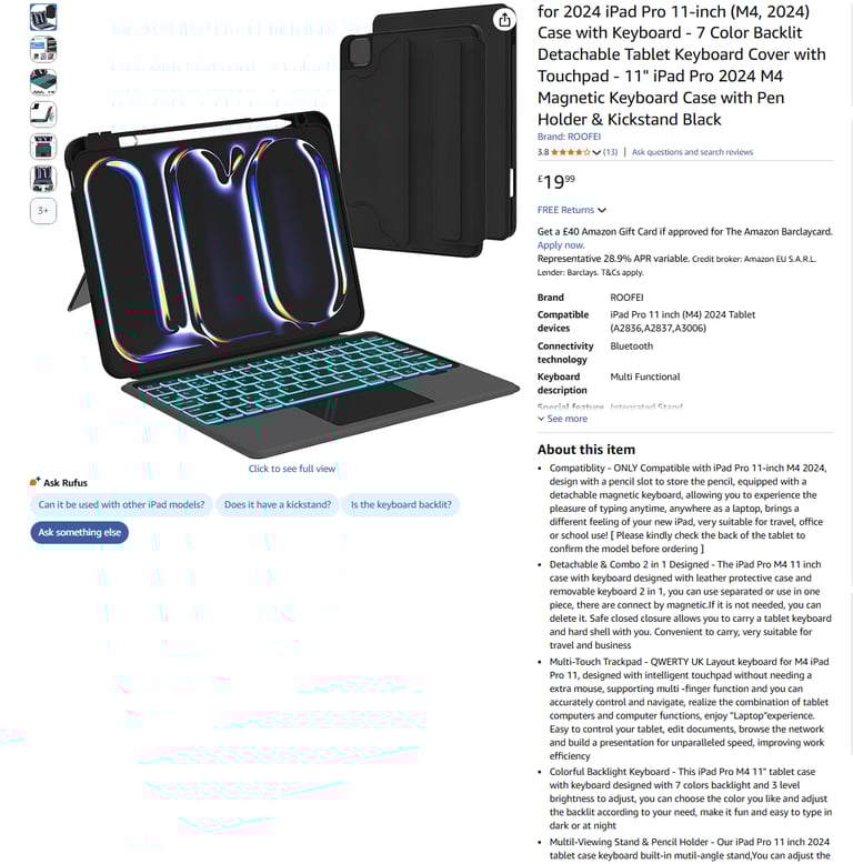 image for for 2024 iPad Pro 11-inch (M4, 2024) Case with Keyboard - 7Color Backlit|| Brand new 50% off price 