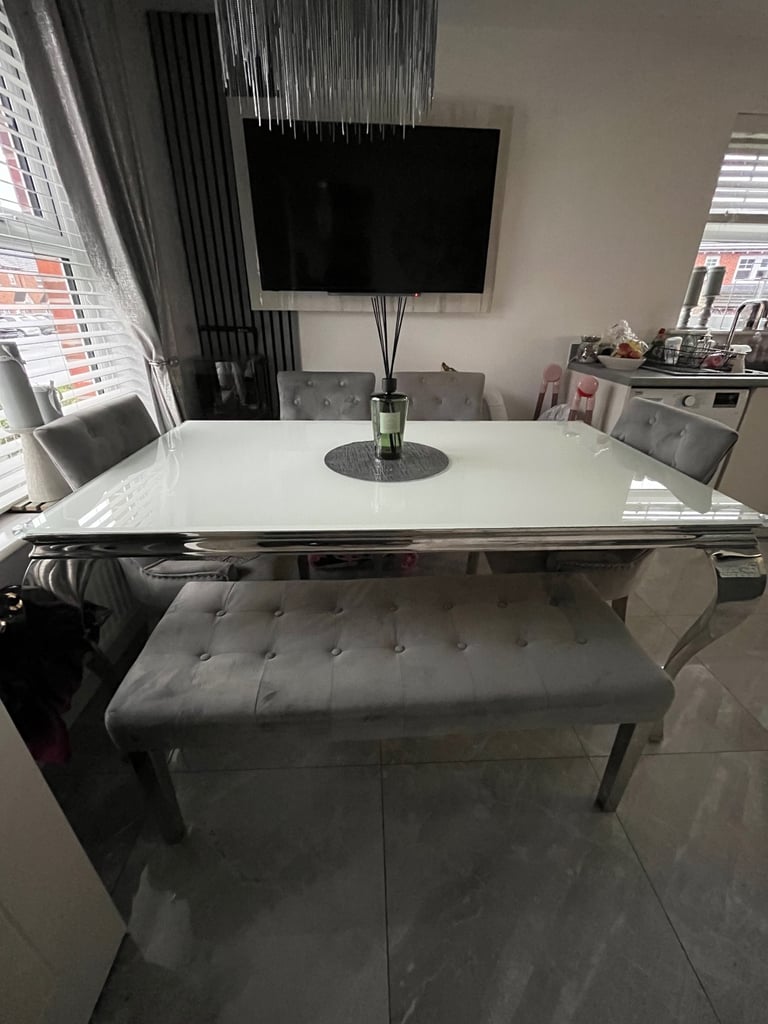 image for White glass and chrome table with grey and chrome chairs + bench