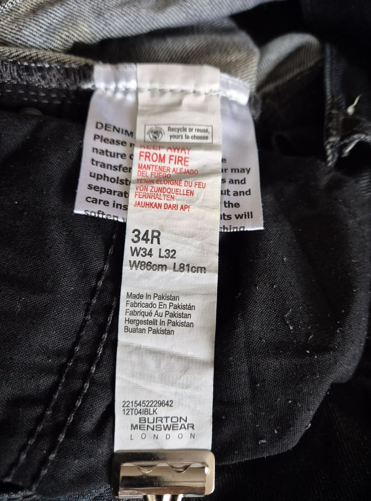 Mens Burton Black Stretch Straight Jeans - Waist 34-Leg31 inch.