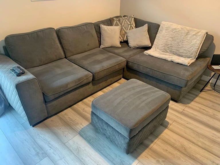 image for Dark Grey Fabric 4 Seater Corner Couch with Scatter White Cushions & Ottoman Set