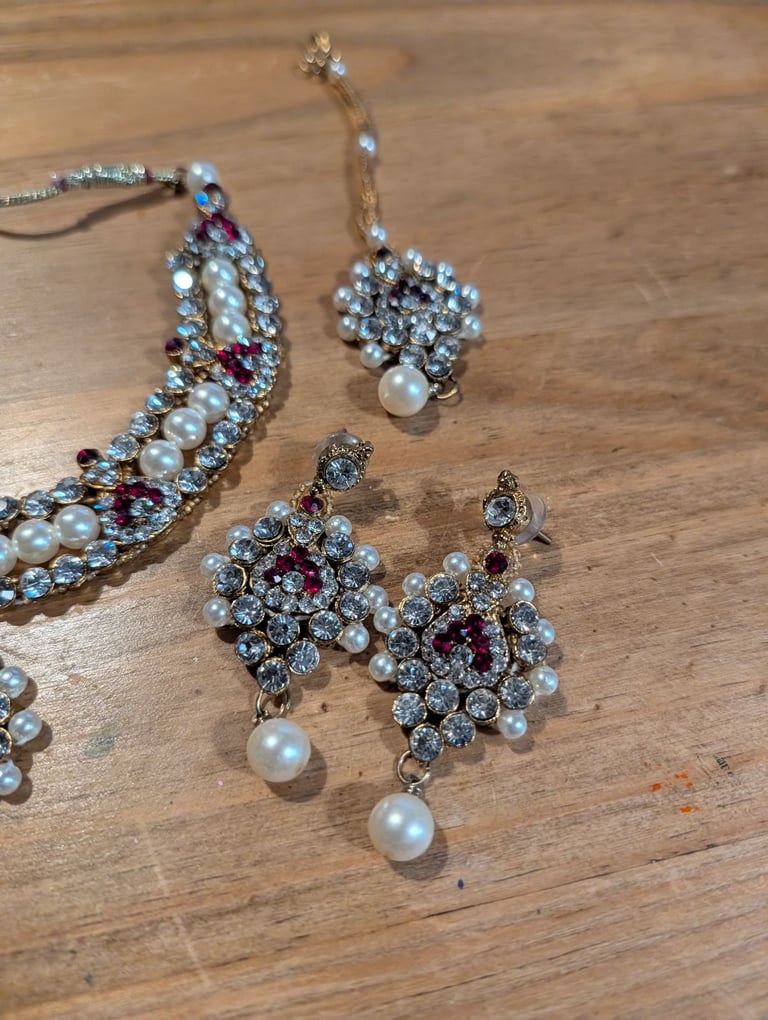 Ruby red asian necklace set indian pakistani earrings 