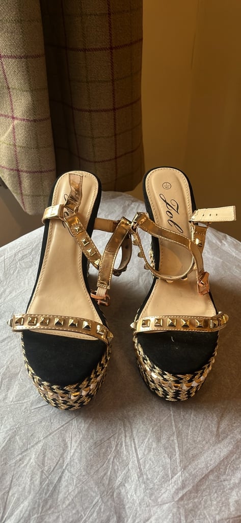 image for black and gold studded espadrille wedge sandals