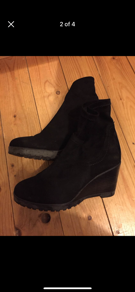 (409) Next black suede wedge ankle boots, size 8/42