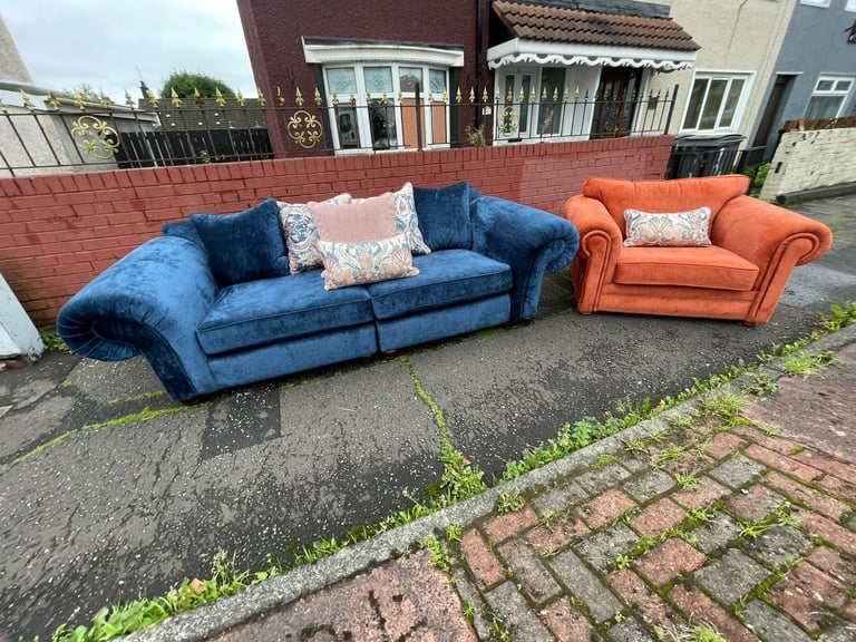 Big 2 seater and chairs and a half in a velvet fabric new condition £599