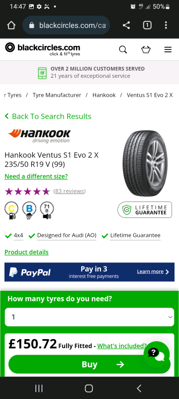 235 50 19 hancook ventus 8mm tread only £45 Free fitting and balance 