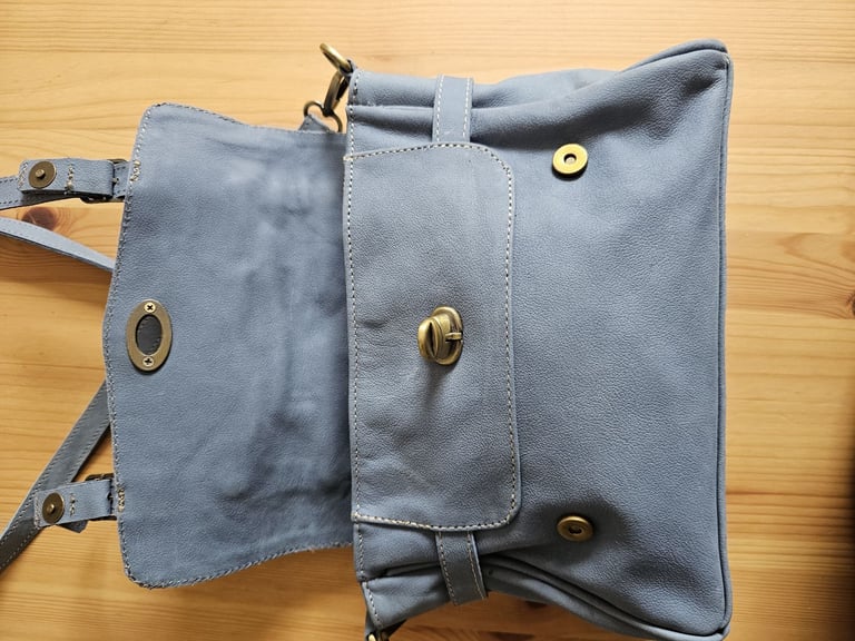 Blue leather satchel / cross body handbag