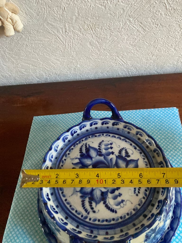 Vintage Gzhel Porcelain Russian Porcelain Blue & White Divided  egg Serving plate and cover