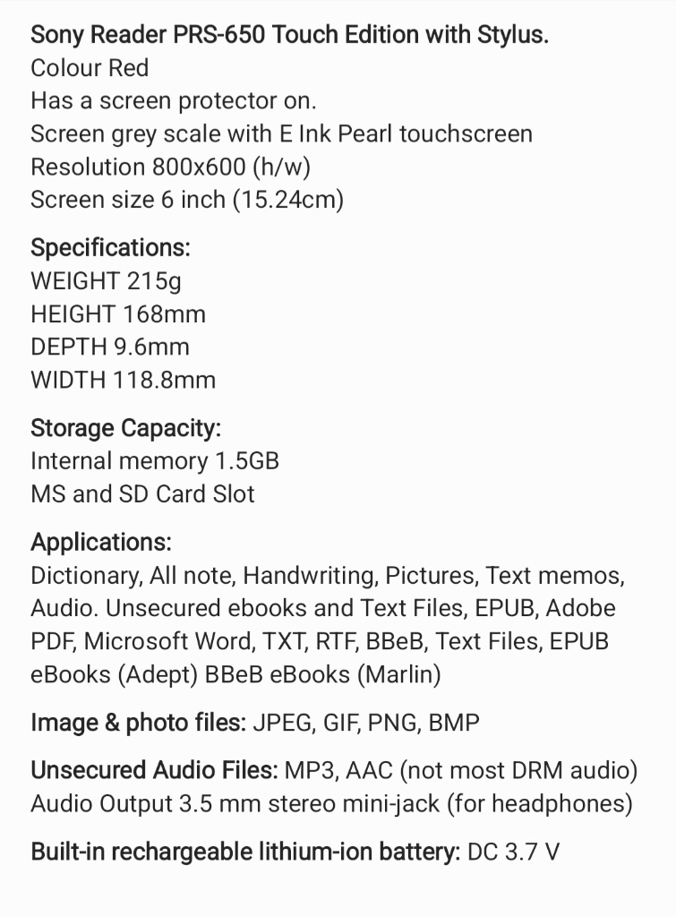 Sony Reader PRS-650 Touch Edition with Stylus. Red.