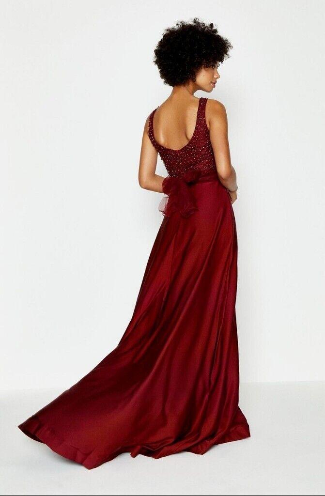 Coast Beaded Merlot Red Satin Maxi Dress Size Large BNWT
