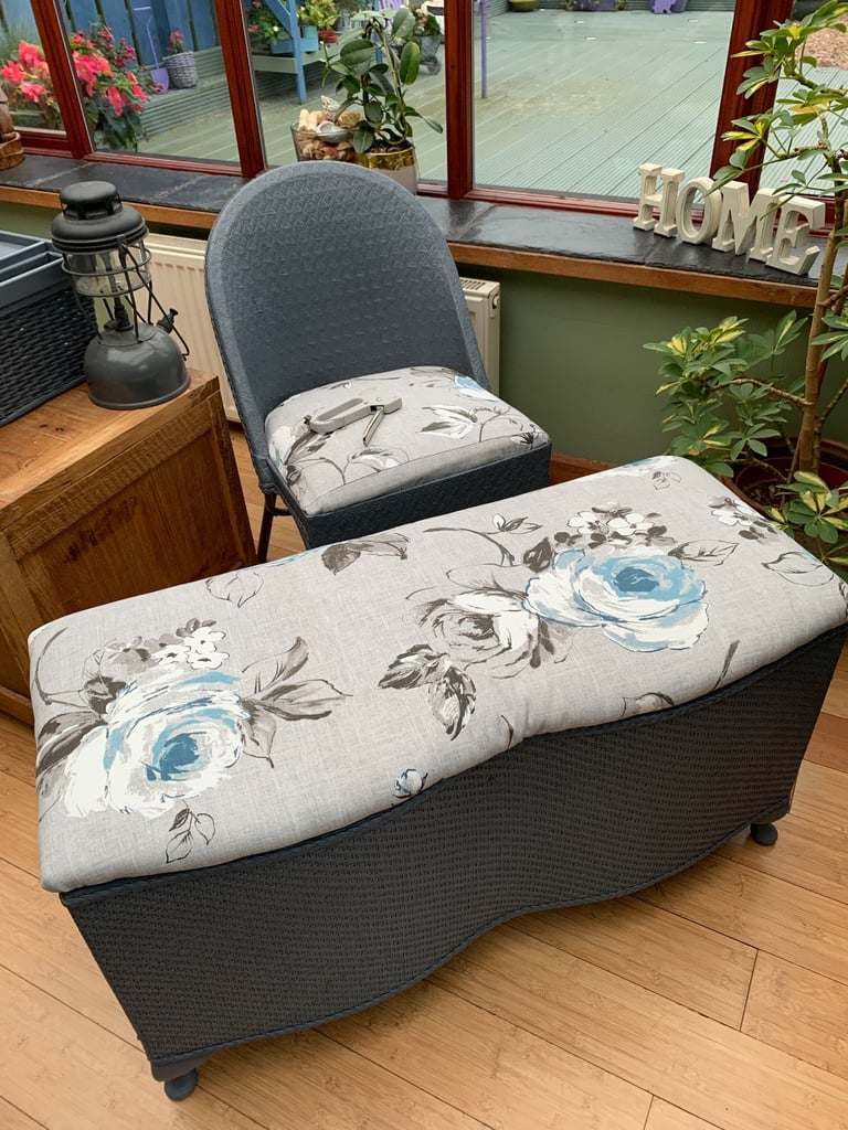 Wicker & fabric ottoman with matching chair & laptray