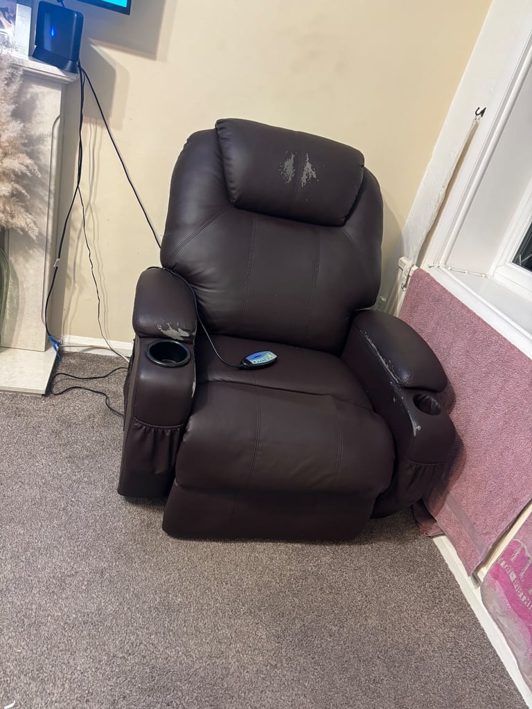 Brown leather massage heat chair recliner