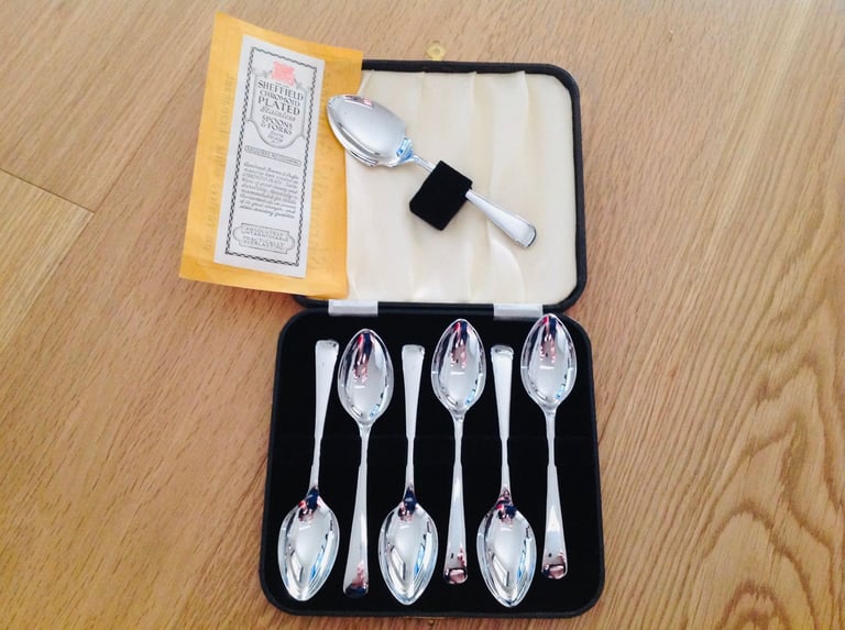 image for Mid-Century Sheffield silver tea spoons; 4 silver table spoons & rare vintage whisk