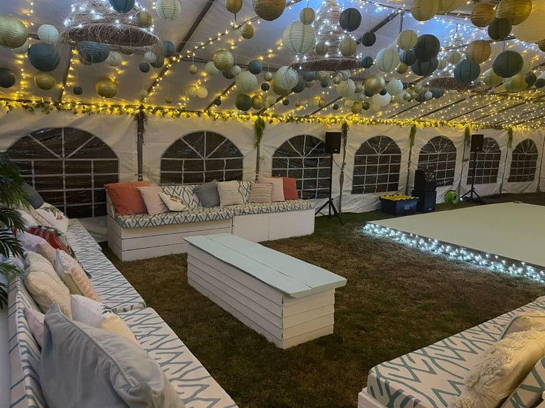 Wedding / Party Setup Including Marquees, Seating, Tables and Decorations.