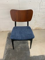 4 Mid Century teak back, blue fabric dining chairs 