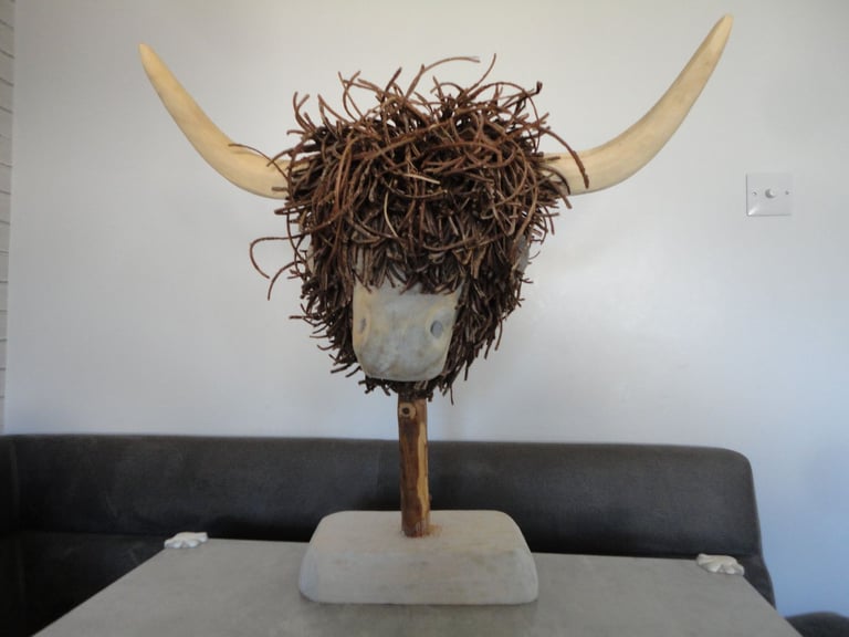 image for voyage maison wooden highland cow sculpture on stand 65 x 64 cms 