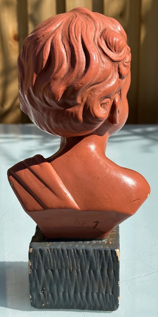 ANTIQUE FRENCH PLASTER BUST OF A YOUNG BOY, PAINTED CHALKWARE STATUE, 27cm tall - 1900s - WILL POST!