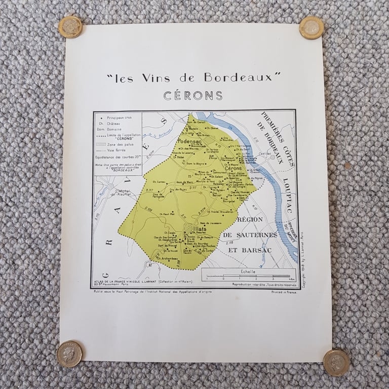 image for Decorative Wine Map from Atlas de la France Vinicole L Larmat. 1949. Les vins de Bordeaux. Cérons