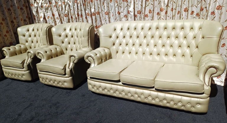 Beige Chesterfield 3 seater sofa and 2 armchairs