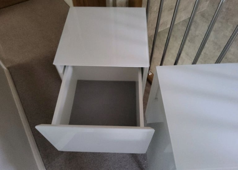 2 x White Sloane Glass Collection Luxe 2 Drawer Bedside Tables With Metal Legs