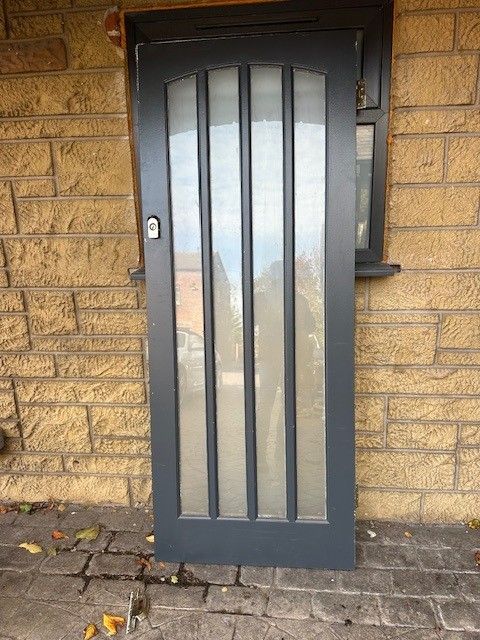 image for HARDWOOD GLAZED FRONT DOOR WITH LOCKS AND HINGES- GREY - 200cm x 80cm x 40mm - USED 