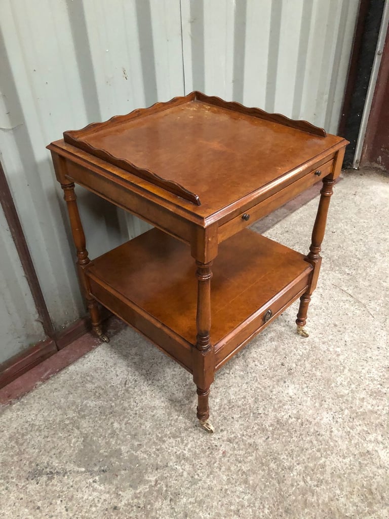 Small Antique Table with Drawer and Gallery on Wheels, good condition