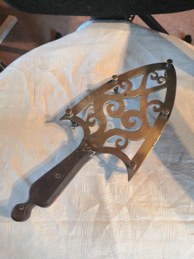 Antique/Vintage Wood & Solid Brass Iron Shape Stand/Trivet - Decor