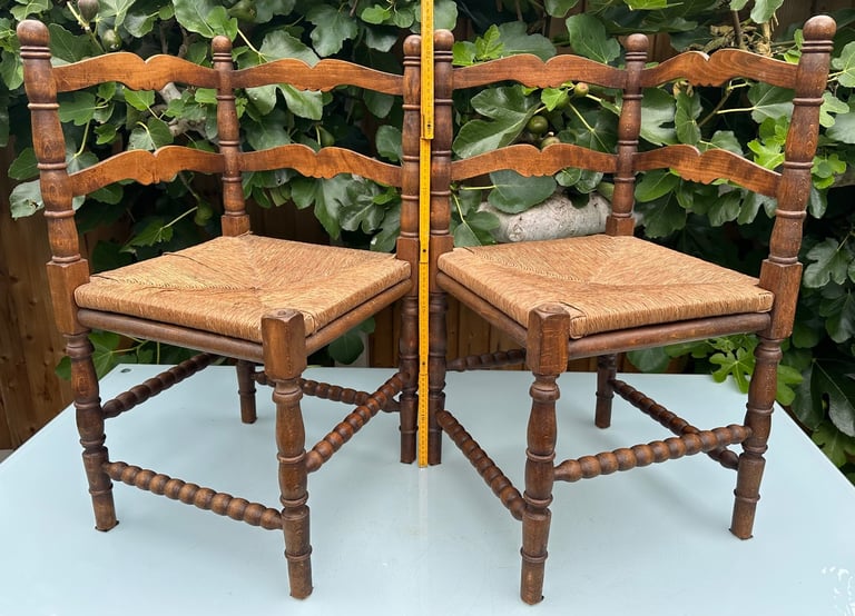 VINTAGE FRENCH BOBBIN LEG CHAIRS, CORNER CHAIRS, RUSH SEAT, H74cm - 1900s ARTS & CRAFTS - WILL POST!
