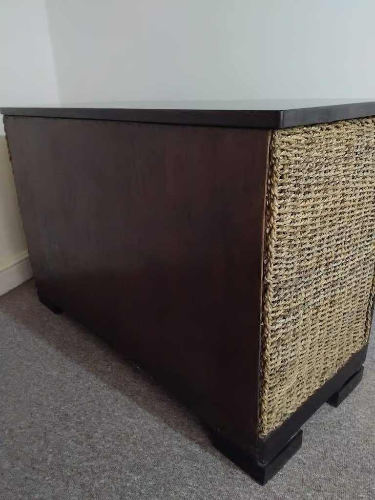 Excellent Quality and Great Condition Heavy Dark Wood and Wicker Chest of Drawers With 6 Drawers