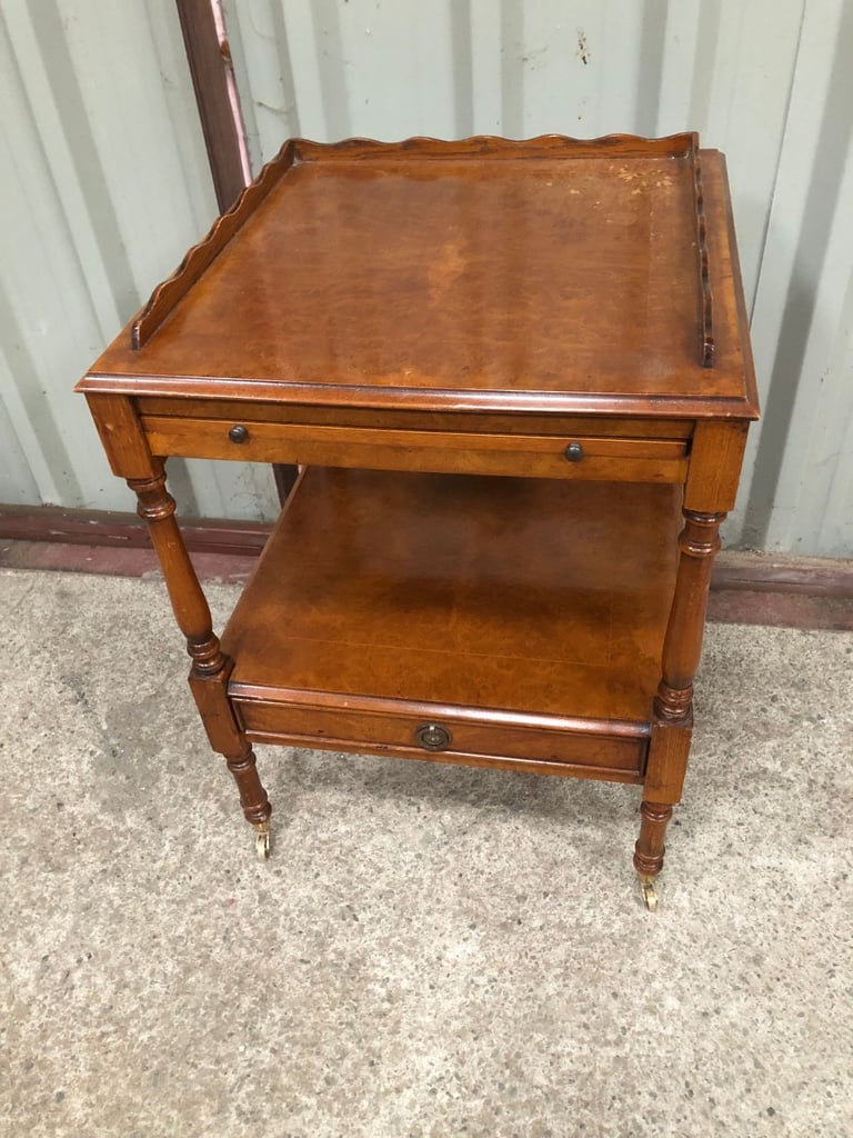 image for Small Antique Table with Drawer and Gallery on Wheels, good condition