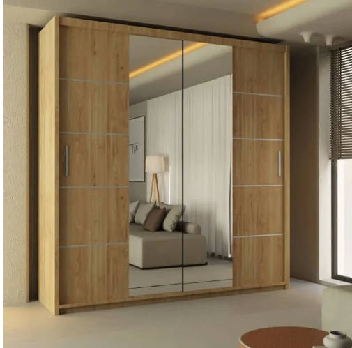 image for Brand New - Lisbon Mirror Sliding Door Wardrobe - Oak - SAME/NEXT DAY DELIVERY