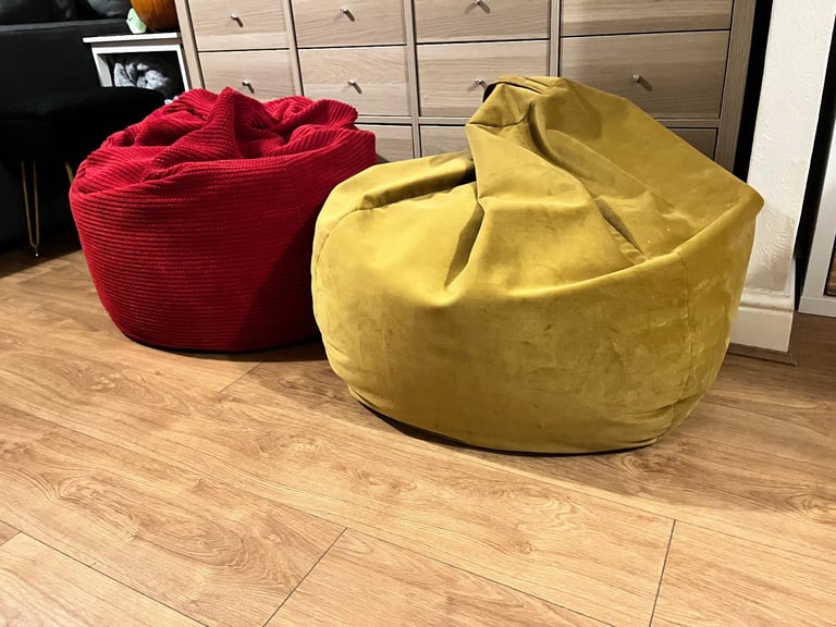 2X Dunelm Bean Bags Chairs Gaming Seats Pouffe Floor Cushions Loungers Sofa Velvet Cord Red Yellow