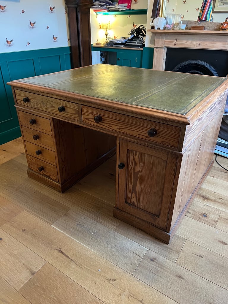 Partner desk - double sided, antique pine with leather top