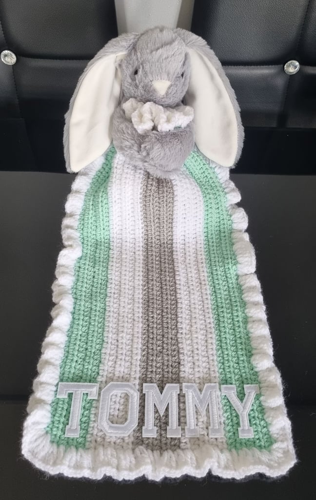 Crochet Baby Blanket, Personalised, Mint Green & White  