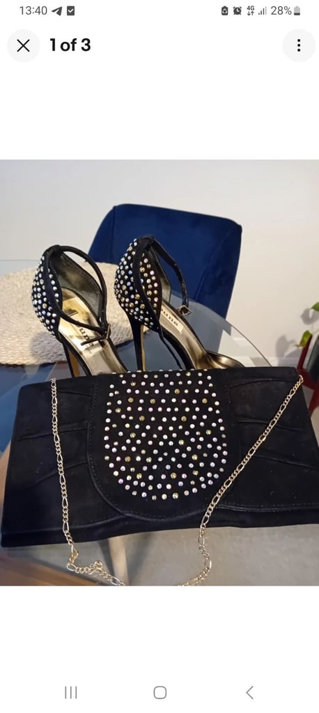 Black heels with coloured stones and matching clutch bag