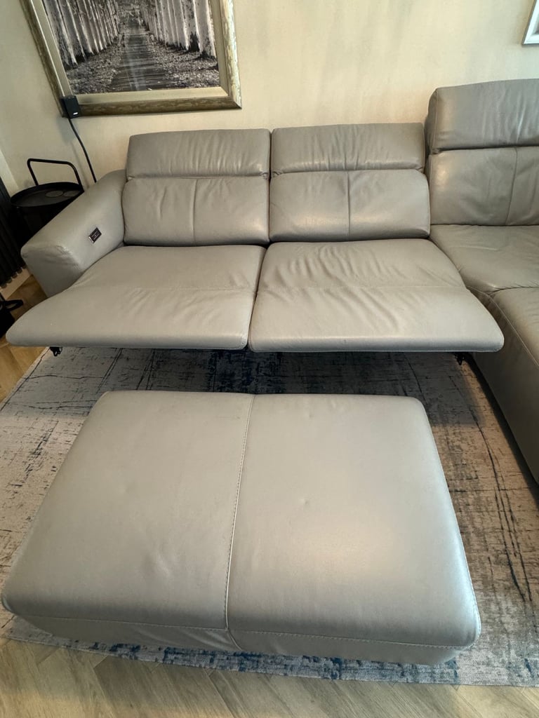 Corner sofa, light grey soft leather recliner & footstool, electrical adjustable head & leg rests
