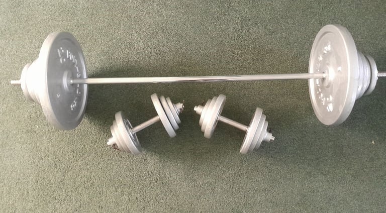 Weight set barbell, dumbbells and 131kgs weights