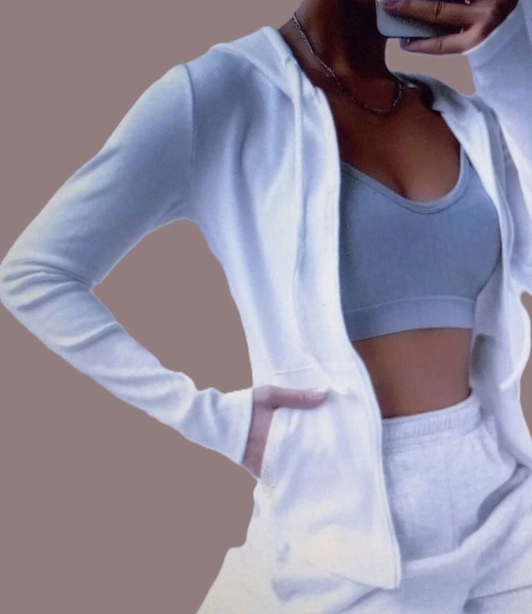 image for New White Ribbed Fitted Kangaroo Pocket Summer Drawstring Hoodie. Size 16.POST OR COLLECT!
