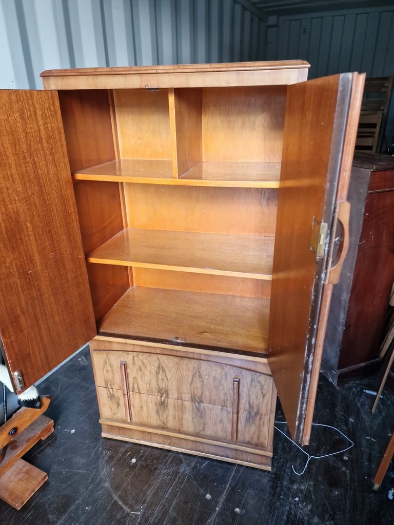 1930’s Art Deco Walnut Two Door Cupboard Over Two Drawers 