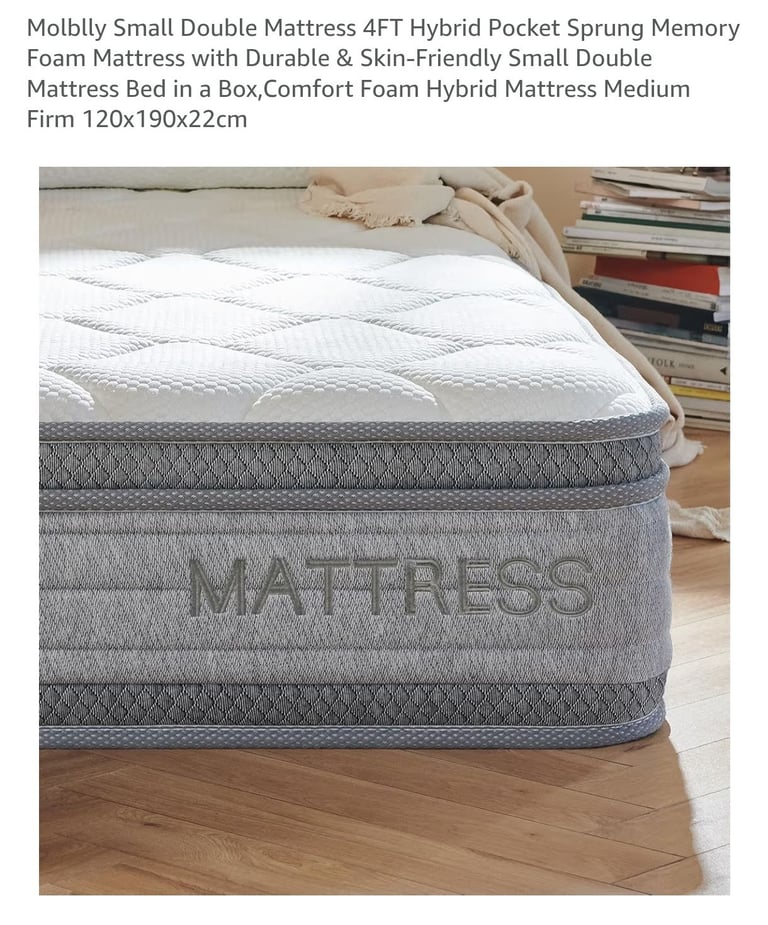 Molblly Small Double Mattress 4FT Hybrid Pocket Sprung Memory Foam Mattress