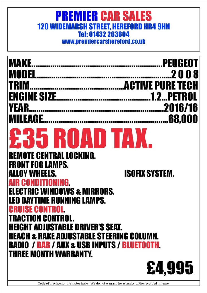 2016 Peugeot 2008 1.2 PureTech Active 5dr HATCHBACK Petrol Manual