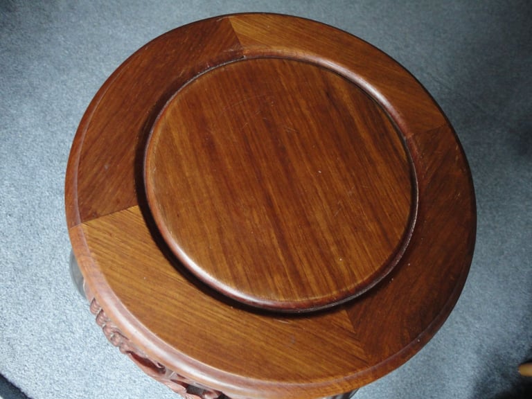 Asian hardwood chinoiserie, hand carved plant pot pedestal table, round wooden top
