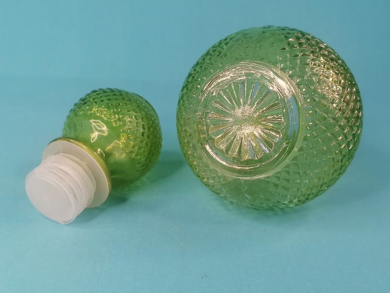 Vintage Green Glass Genie Bottle, Decanter – Ball Stopper. (bit chip,you can see photo. As seen.