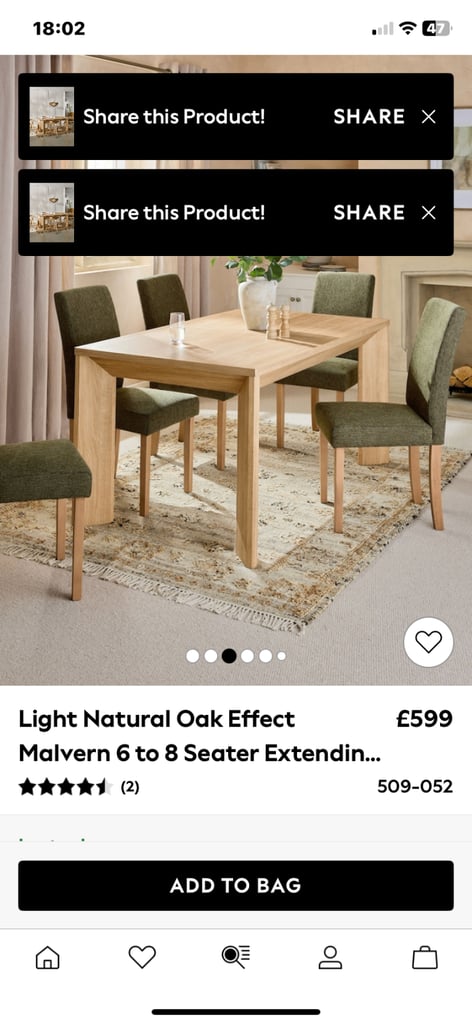 NEXT MALVERN OAK EFFECT 6/8 EXTENDING DINNING TABLE ( 2 MONTHS OLD ) 