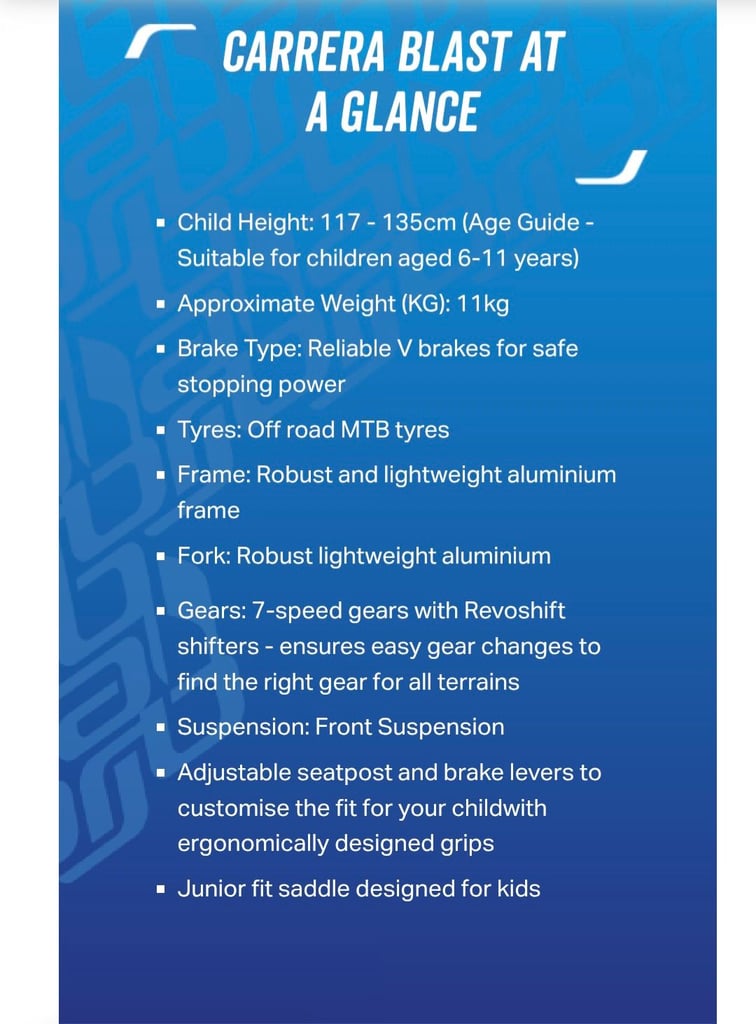 Carrera Blast junior mountain 20 inch wheels 7 speed as new currently £315 in Halfords 