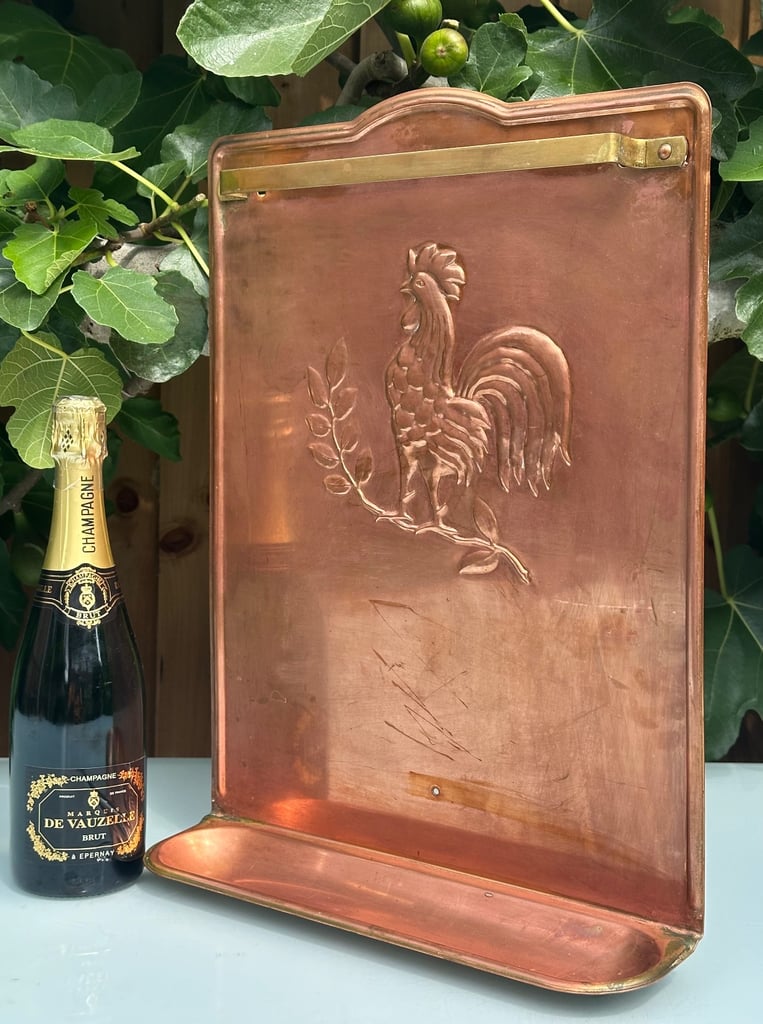 VINTAGE FRENCH COPPER KITCHEN UTENSIL RACK, COQ, COCKEREL HANGING RAIL - 49x37cm - WILL POST!